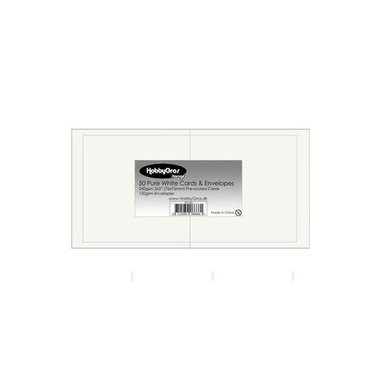 HobbyGros Storage - 50 Sæt - 3x3" / 76x76mm - Kort/Kuverter "Pure White" SS142